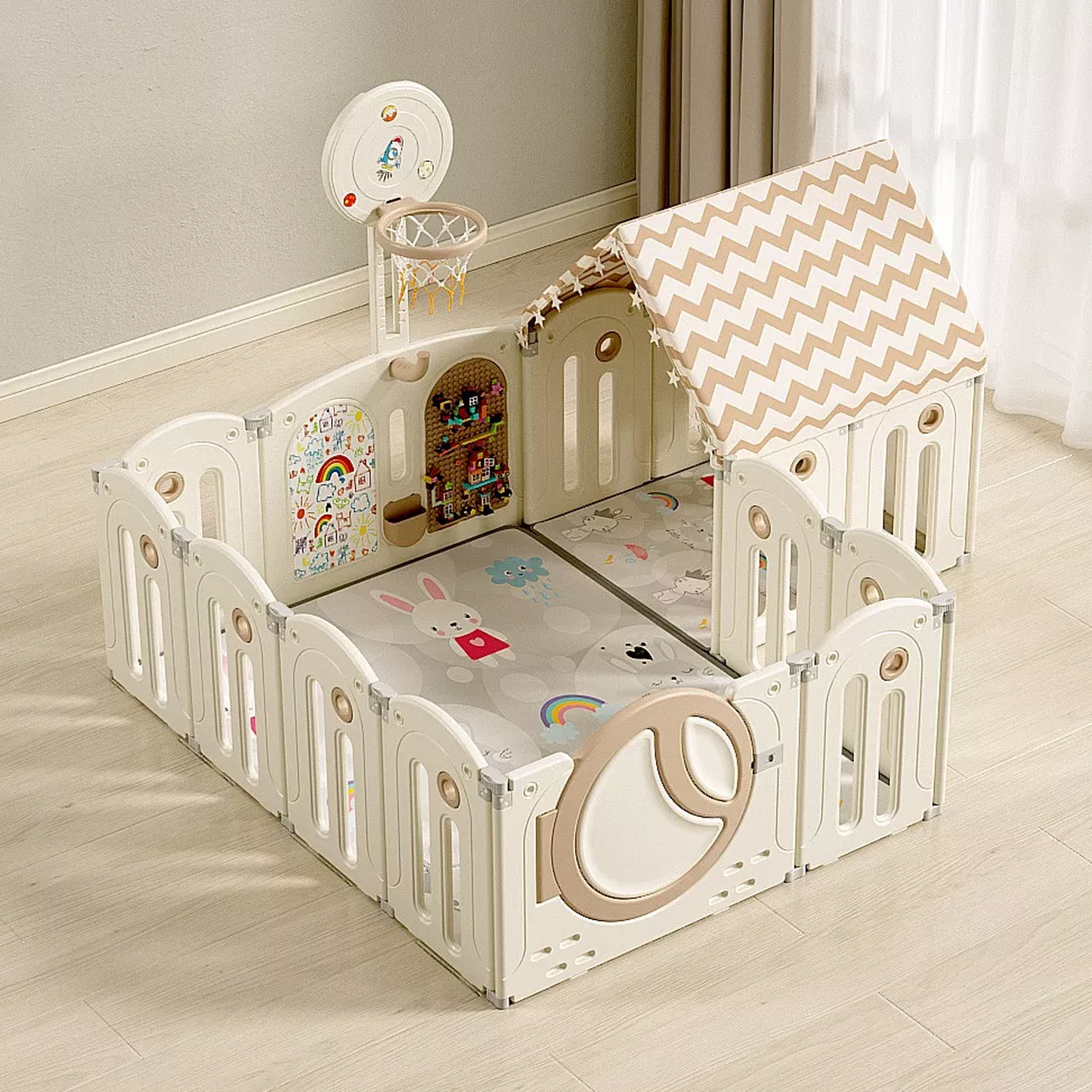 Corral plegable para bebes con casita y Juegos Seguro y Resistente